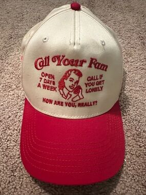 Cream and Red Embroidered "Call Your Fam" Trucker Hat